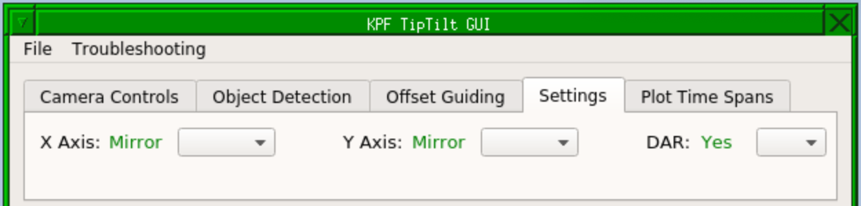 A screenshot of the Tip Tilt GUI's Settings tab.