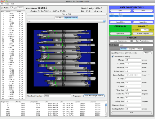 MOSFIRE Slit Configuration GUI showing predicted spectral range